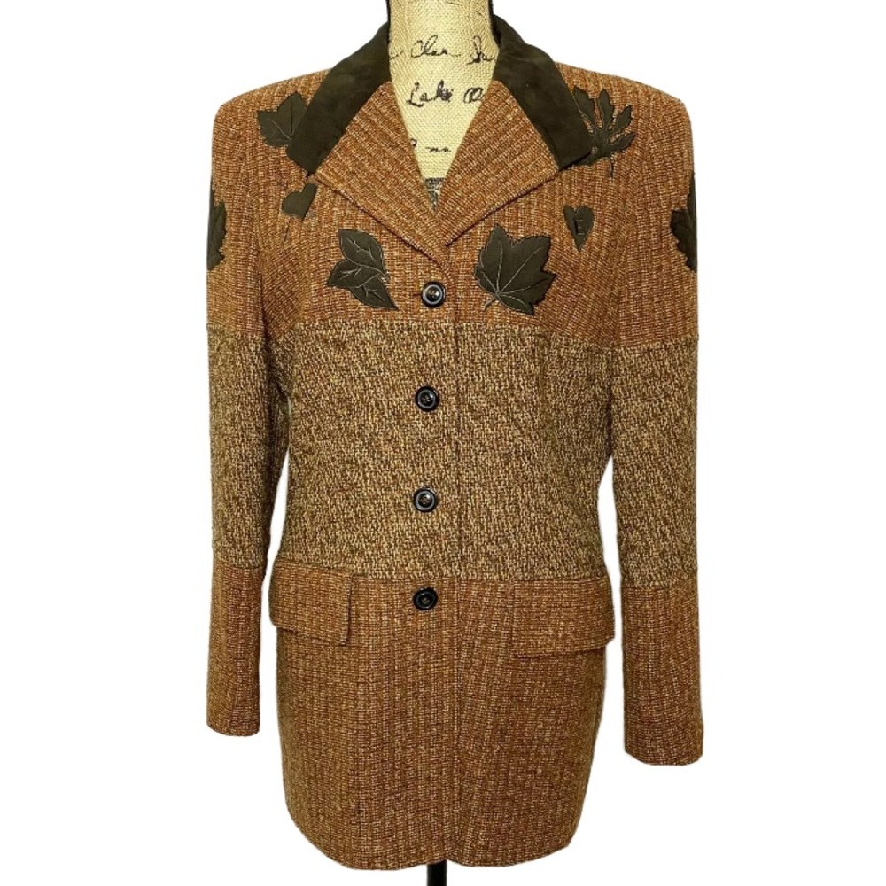 Escada Wool Blend Tweed Leaf Fall Foliage Button Up Blazer Jacket